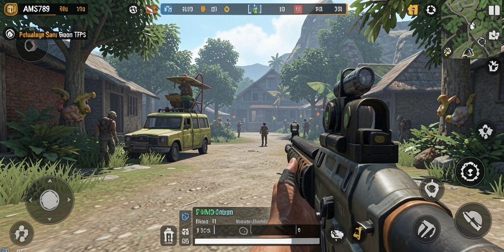 Tampilan gameplay seru dalam AMS789 menunjukkan aksi TPS yang mendebarkan.