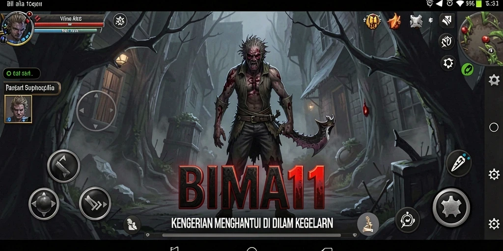 Screenshot utama BIMA11 menampilkan aksi seram dan ketegangan di dalam game.