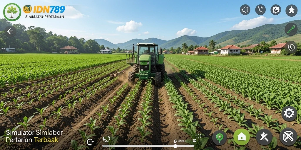 Screenshot gameplay IDN789 menampilkan petak ladang hijau dan aktivitas pertanian.
