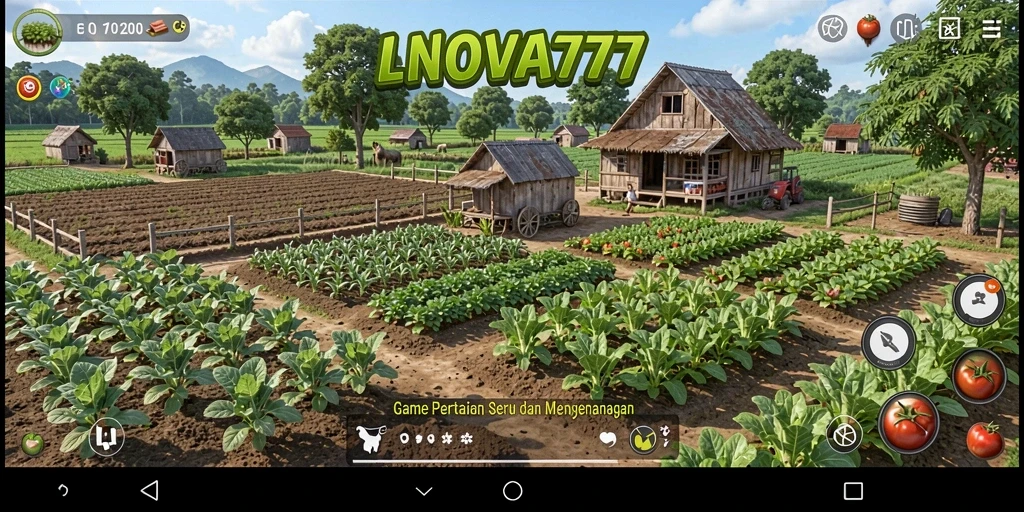 Gameplay LNOVA777 dengan pemandangan ladang yang subur dan hewan ternak.