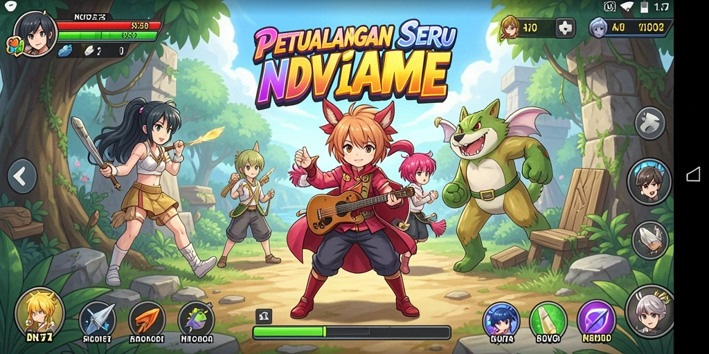 Tangkapan layar NV77 menunjukkan karakter-karakter anime dalam aksi pertarungan yang dinamis.