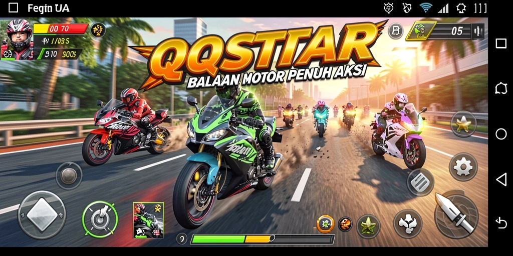 Tampilan aksi balapan motor yang mendebarkan dalam QQSTAR.